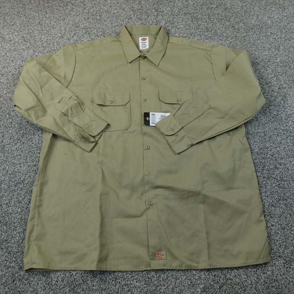 NEW Dickies Shirt Mens 2XL Beige Brown Twill Work Button Up Long Sleeve Workwear